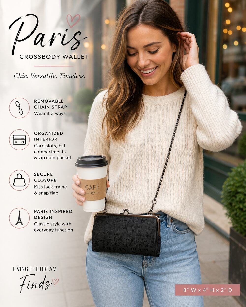 Paris France Print Kiss Lock Wallet Crossbody Clutch Purse Black Removable Chain